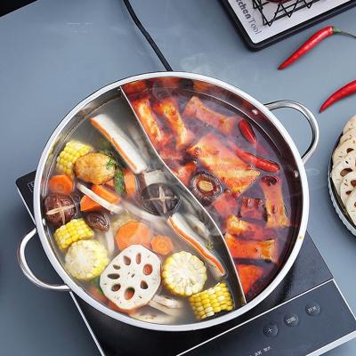 China New Design Silver Kitchen Stock Pot Stainless Steel Shabu Shabu Induction Hot Pot With SS Double Ear Handles for sale