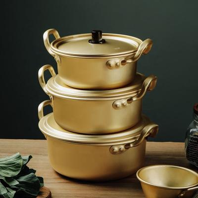 China Korean Cookware Kitchen Gold Instant Noodle Pot Home Stock Pot Small Pan Aluminum Ramen Soup Pot With Lid for sale