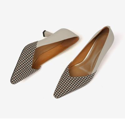 China Breathable Women Fashion Beige Plaid Pattern Color Stitching High Heels For Formal Wedding Dress for sale