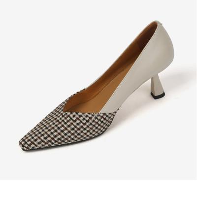 China 2021 New Design Plaid Pattern Breathable Elegant Women Whip 5cm Beige High Heels for sale