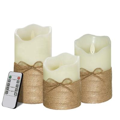 China Amazon Paraffin Hemp Rope Candle Set Modern Hot Selling Electronic Simulation Shaking Flame LED Remote Control Candle Light for sale