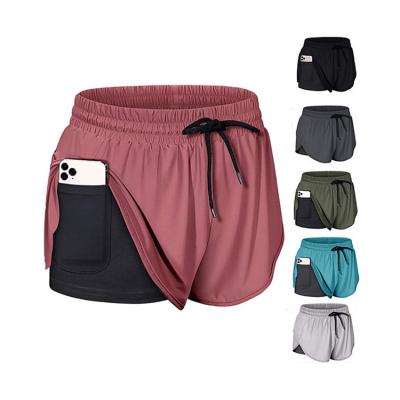 China Breathable Fake Two Pieces Women's High Waist Gym Running Short Pants LOGO Ladies Fitness Workout Yoga Custom Made Shorts With Side Pockets for sale