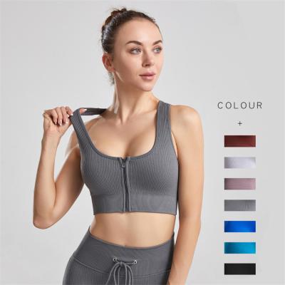 China Custom LOGO Gym Workout High Intensity Breathable Ladies Solid Color Zipper Fitness Vest Gathered Tank Top Bra Naked Women Yoga Sport for sale