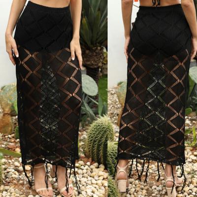 China BD032 Custom Design Stretch Mesh Hollow Out Tassel Woven Skirt Washable Black Beach Dress for sale