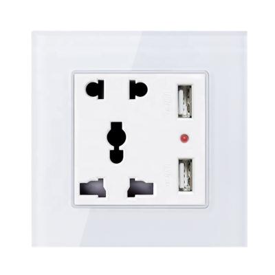 China Universal Residential/Multi-Purpose Smart Wall Mounted Socket with Dual USB Chargers, Crystal Toughened Glass Panel 10A 250V 5 Pin Universal Outlets for sale