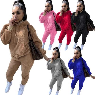 China Warm Breathable Plush Fluffy Suits 2 Pieces Set Cute Fuzzy Sherpa Hoodie Thick Sweatsuit Teddy Winter Outfits Set With Pocket Women for sale