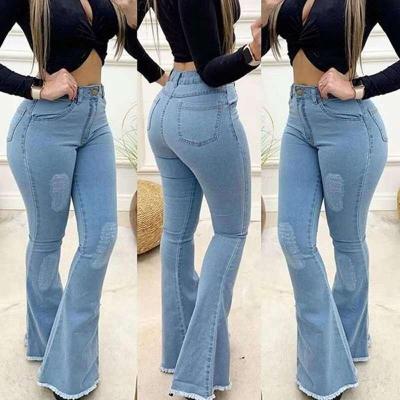 China Waterproof Newcomers Fashion Flare Light Blue Tight Fit Denim Pants Elastic Women's Jeans for sale