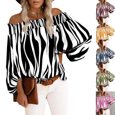 China Autumn Striped Sexy Fashion Long Sleeve Blouse Desgin Shirt Woman Loose Oversized T-shirt One Shoulder Breathable Shirt for sale