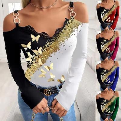 China 2021 Autumn Hot Sale QUICK DRY Bronzing Sexy Butterfly Print Off-shoulder Top T-shirt Shirts For Women Tops for sale