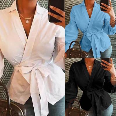 China Dropshipping Logo 1 Pcs Breathable Custom Women Blouses Elegant V-neck Puff Sleeve Button Up Long Sleeve Shirt For Women for sale