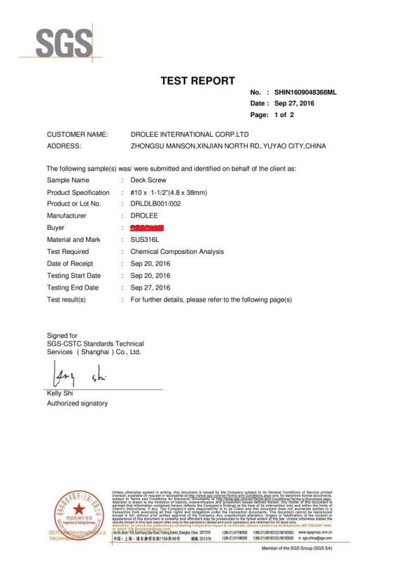SGS Report - SUS316L - Drolee International Corp. Ltd