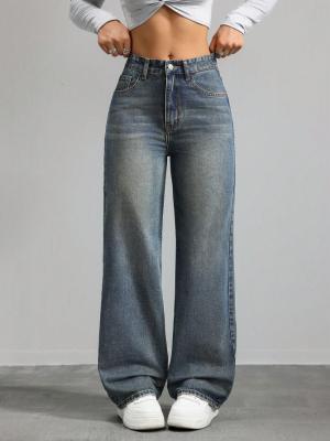 China Pruisische blauwe high-waisted straight-leg jeans voor vrouwen Te koop