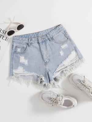 China Light blue-white ripped denim shorts for sale