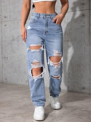 China Light medium blue ripped denim pants for sale