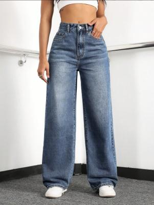 China Sky blue high-waisted straight-leg jeans for women for sale