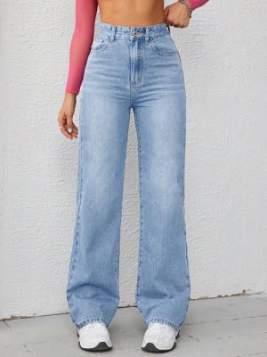 China Light blue high-waisted straight-leg jeans for women for sale