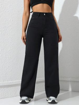 China Dark black high-waisted straight-leg jeans for women for sale