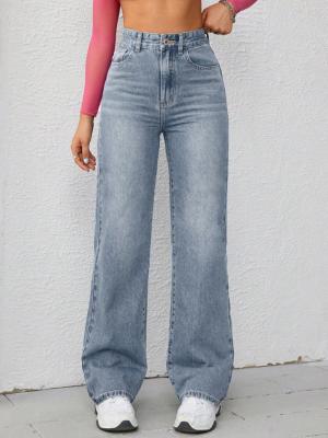 China Retro light blue high-waisted straight-leg jeans for women for sale