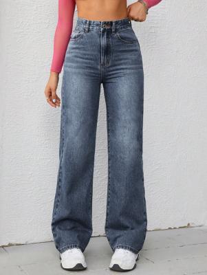 China Donkerblauwe high-waisted straight-leg jeans voor vrouwen Te koop