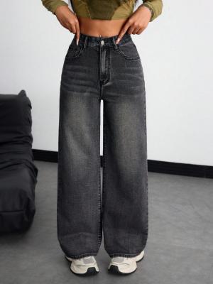 China Inky gray high-waisted straight-leg jeans for women for sale