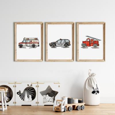 China Modern Set of 3 Cars Rescue Vehicles Police Wall Art Kids Room Decoration Car Ambulance Fire Engine Boys Room Nursery Poster Canvas for sale