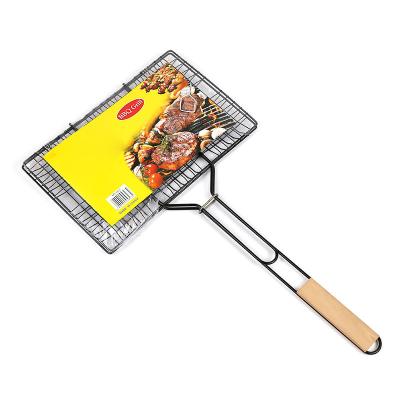 China 2023 Multi-Function Wood Square Handle BBQ Wire Grill Grill Easily Cleaned Net Barbecue Clip Grill Fish Clip Strong Nine for sale