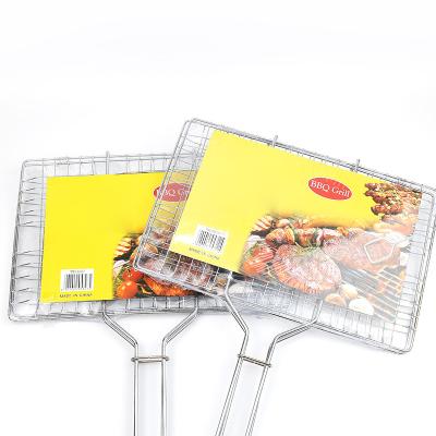 China Easily Cleaned Portable Folding Welded Stainless Steel Square Barbecue Grill Basket Net Raised Long Handle Fish Grilling Mesh Net for sale