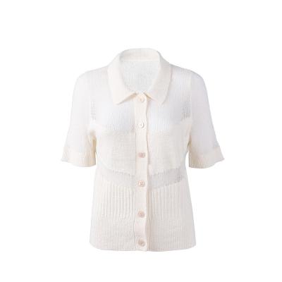 China Chic Button Down Polo Wool Blended Spring Summer Thin Hollow-out Sheer Cardigan for sale