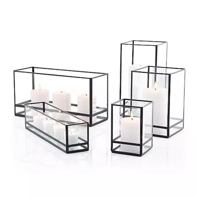 China New Metal Black Square Glass Candle Container Home Decorative Glass Storage Ornaments Succulent Mini Greenhouse Candle Holder Decoration for sale