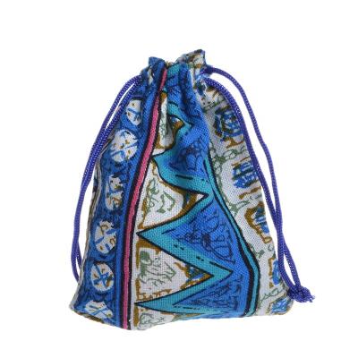 China Striped Canvas Gift Bag Vintage Folk Style Folk Stamp Cotton Drawstring Beam Sachet Jewelry Gift Bag In Stock for sale