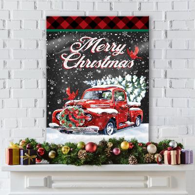 China Eco-Friendly Custom Decorative Christmas Tree Lighting And Red Truck Wall Art Print LED Canvas Print With Frame for sale