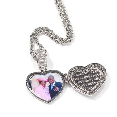 China Hiphop Custom Photo Necklace Sublimation Bling Bling Heart Pendant Silver Pendant Necklace for sale