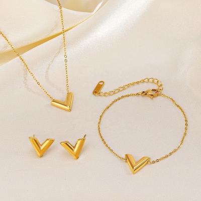 China FASHIONABLE High Quality Gold Plated Stainless Steel V Shape Necklace Earring Bracelet Set Non Tarnish Waterproof Jewelry Set For Women for sale