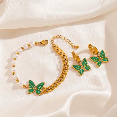 China FASHIONABLE High Quality Gold Plated Stainless Steel Oil Drip Green Butterfly Charm Bracelet Earring Set Non To Tarnish Jewelry Set For Women for sale