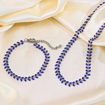 China FASHIONABLE High Quality Silver Plated Blue Stainless Steel Oil Drip Leaf Chain Necklace Bracelet Set Non To Tarnish Jewelry Set For Women for sale