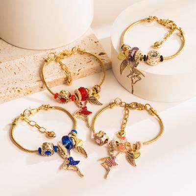 China Factory Direct TRENDY 14k Gold Plated Ballet Dancer Charm Bracelet Rhinestone Wing Best Friend Pendant Bracelet For Women for sale