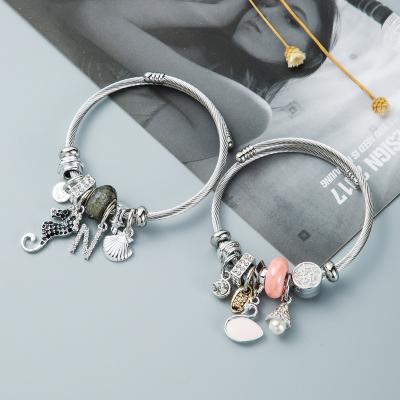 China FASHIONABLE High Quality Silver Plated Stainless Steel Animal Charm Bracelet Big Hole Beads Open Bangle Pendant Bracelet For Women for sale