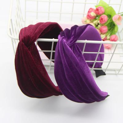 China News Gold Solid Color Velvet Fabric Friendly Material Women's Headband Wide Brim Cloth Tied Headband for sale