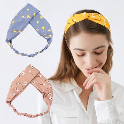 China New Trendy Knot Floral Printed Headband Elastic Wide Cross Edge Hairband For Women for sale