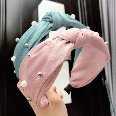 China New Style Headwear Satin Friendly Material Double-Layer Knotted Pearl Headband Hair Accessories for sale