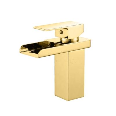 China Gold Brass Bathroom Faucet Single Hole Waterfall Handle Basin Mixer Taps Solid Modern Single Taps Solid Lead Free for sale