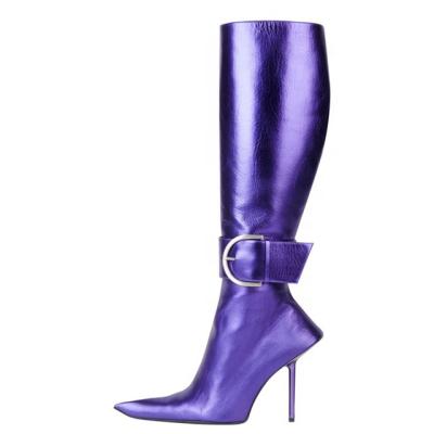 China Custom Made Fashion Trend Buckle Women's Pointed Toe Booty Big Size 43 Knee High Thin High Heel Shoes Boots Custom Made for sale