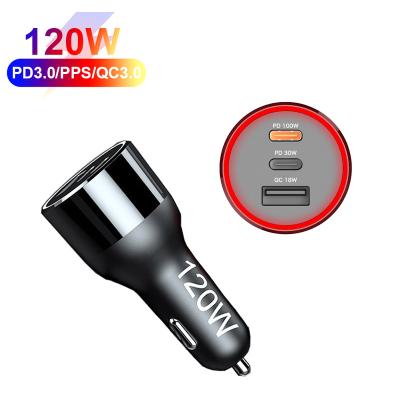 China CE QC2.0 Certified Car 120W ABS+PC PD Shell Mini Size Type C Charger PD USB C Car Charger With LED Instruments 2021 Technology for sale