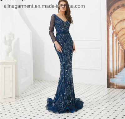 China High Quality Mermaid Long Sleeves Sequined Beading Evening Dress Sex Ball Dress Luxury Party Dress for sale