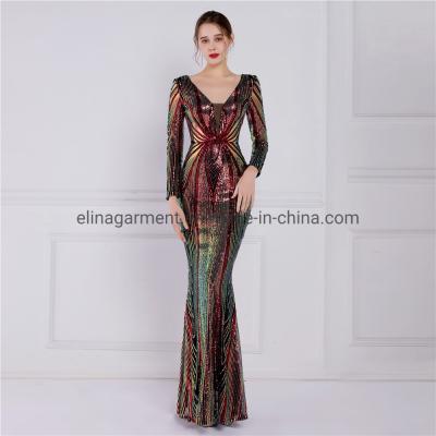 China Sequined Sex Beading Ball Dress Luxury V Neck Evening Party Dress Mermaid Bridesmaid Long-Sleeves Gowns for sale