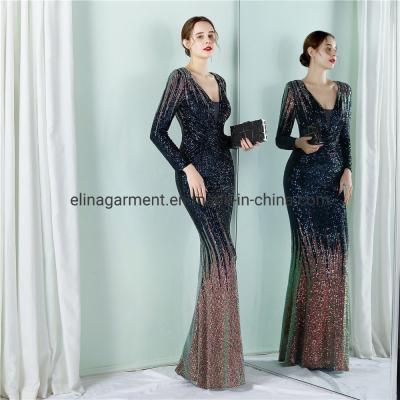 China Sequined Sex Beading Ball Dress Luxury V Neck Evening Dress Mermaid Long-Sleeves Gowns Gradient Ramp for sale