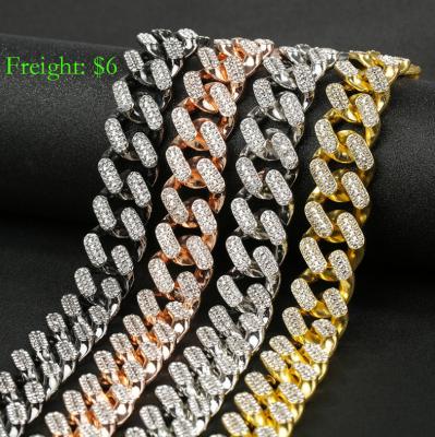 China Hiphop 12 Cuban Chain 13 15mm Pink Iced Out Rose Gold Plating Miami Cuban Link Chain Necklace Zinc Alloy Wholesale Jewelry for sale