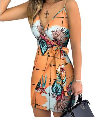 China Summer Vacation Sleeveless Print V-Neck Wrap Breathable Tropical Women Casual Dress Mini Dress for sale