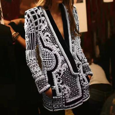 China wholesale 2021 Anti-wrinkle new fashion women suit deep V neckline plus size long blazer jacket with print beaded women's coat for sale