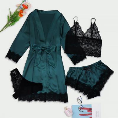 China Breathable Sleepwear 4pcs Women's Long Robes Set Floral Lace Trim Satin Cami Pajama Set Bridesmaid Gift Ideas for sale